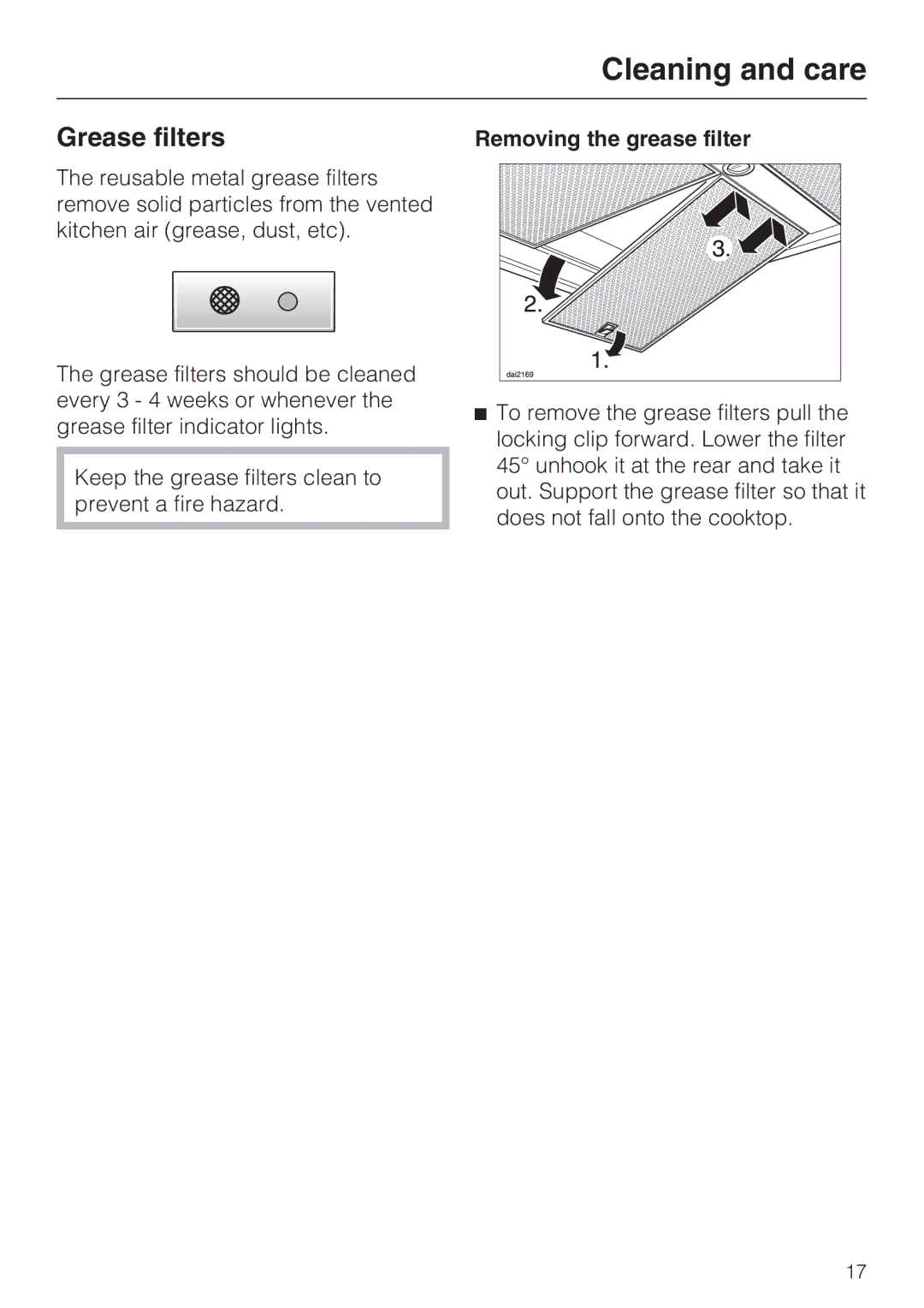 Miele DA5341D installation instructions Grease filters, Removing the grease filter 