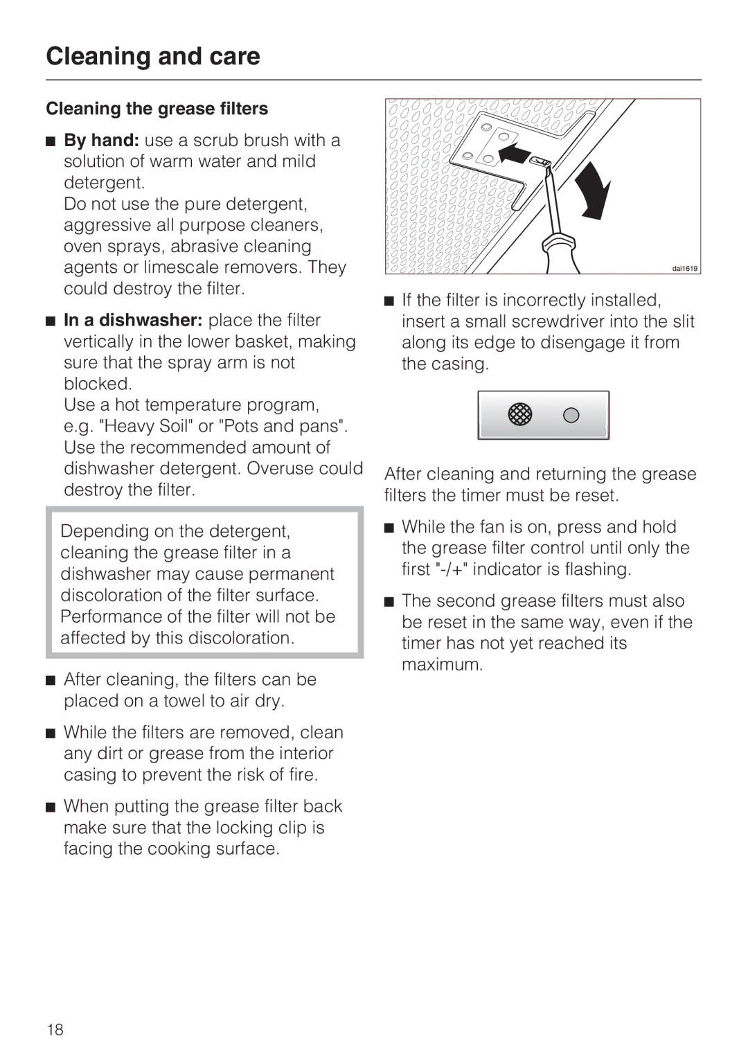 Miele DA5341D installation instructions Cleaning the grease filters 