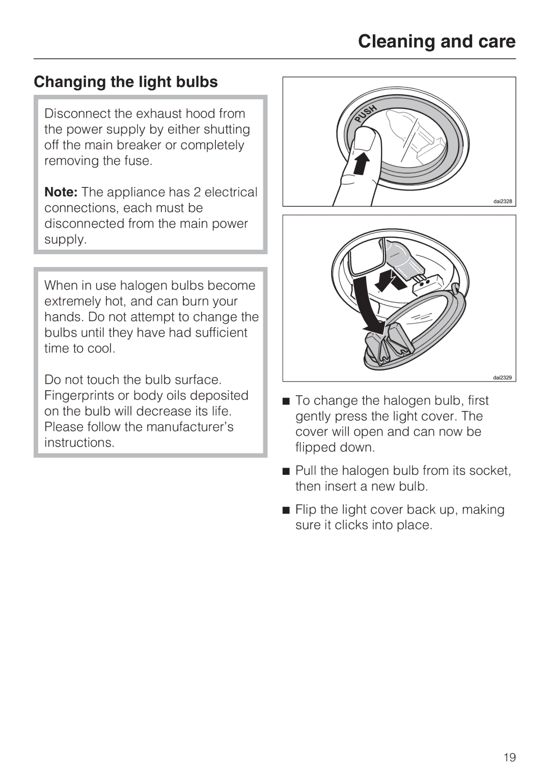 Miele DA5341D installation instructions Changing the light bulbs 