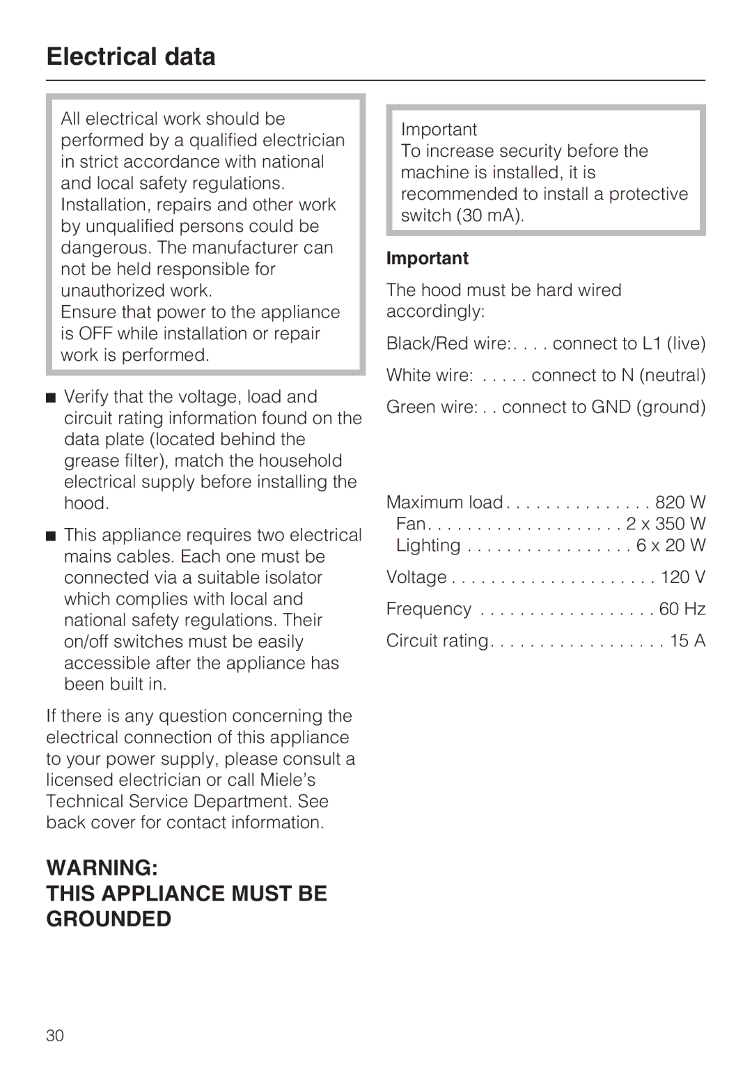 Miele DA5341D installation instructions Electrical data, This Appliance Must be Grounded 