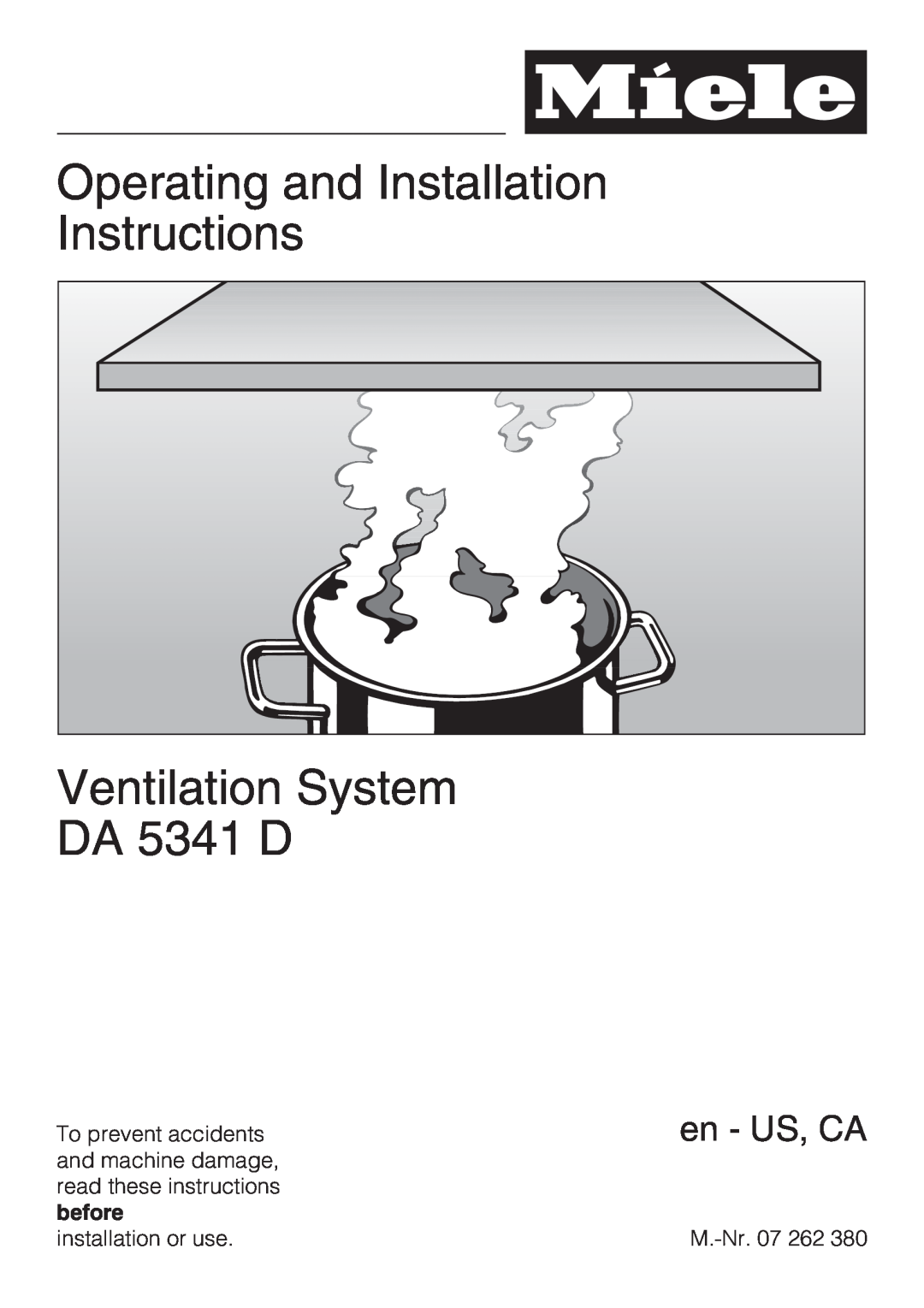 Miele DA5341D installation instructions Operating and Installation Instructions, Ventilation System DA 5341 D, en - US, CA 