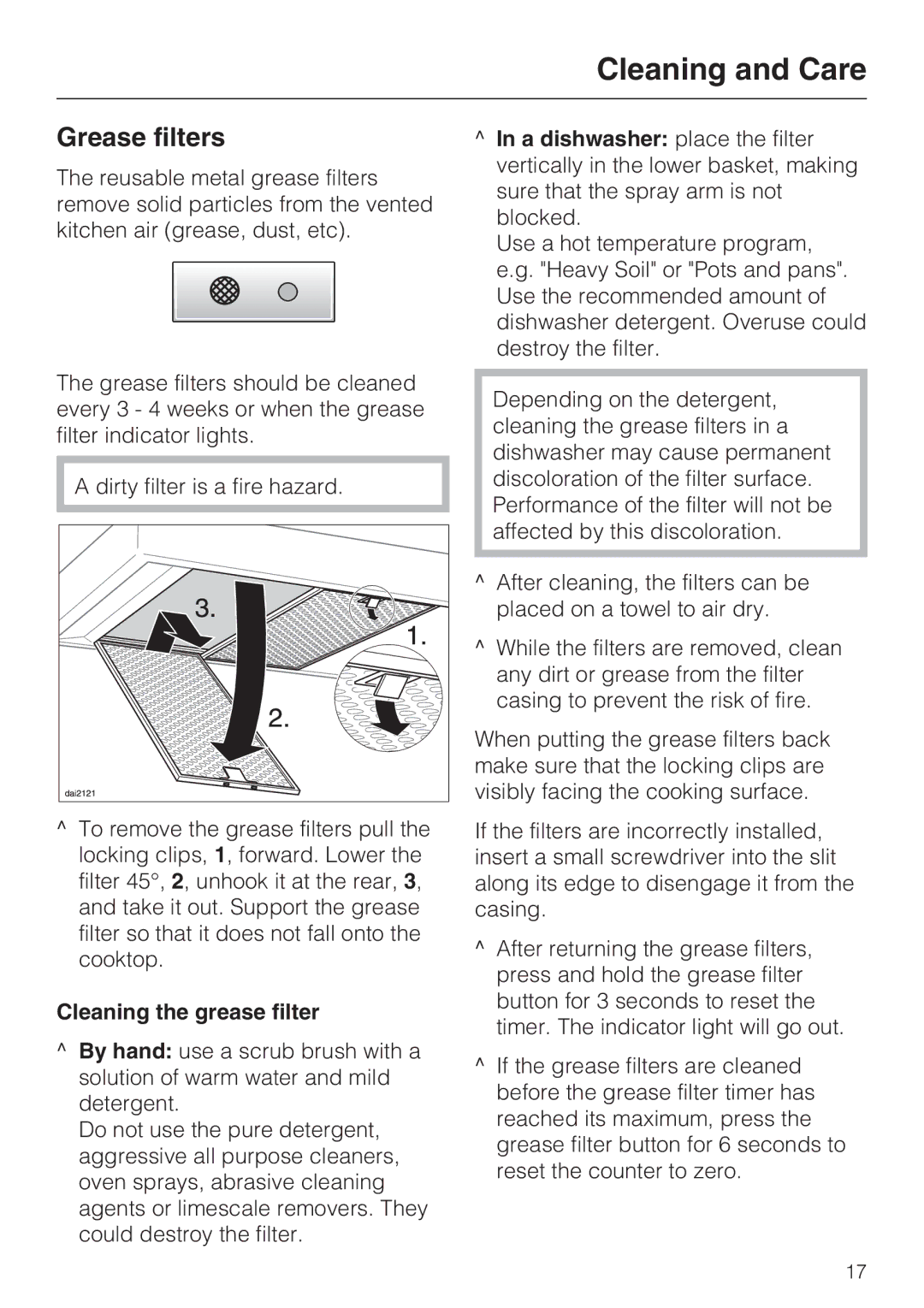 Miele DA5321W, DA5391W, DA5381W installation instructions Grease filters, Cleaning the grease filter 