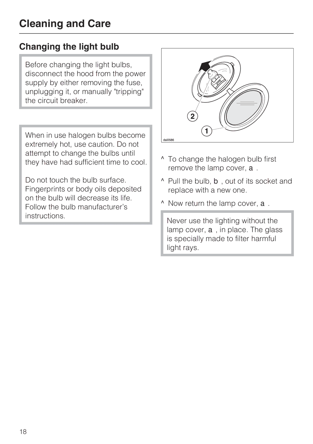 Miele DA5391W, DA5381W, DA5321W installation instructions Changing the light bulb 