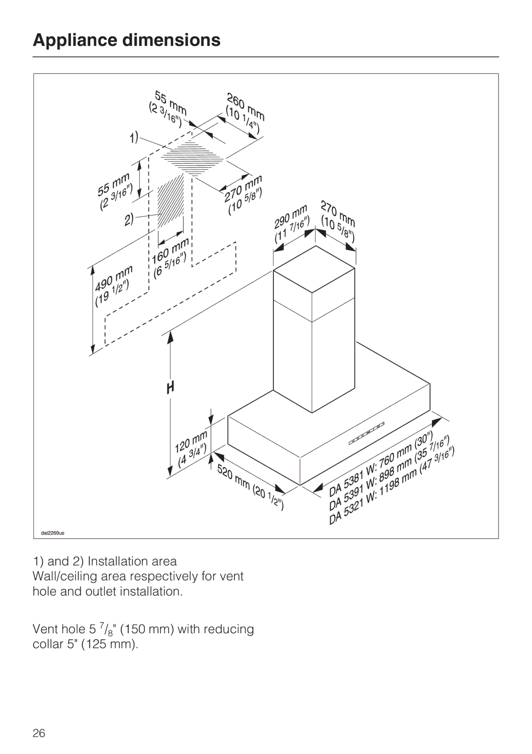 Miele DA5321W, DA5391W, DA5381W installation instructions Appliance dimensions 