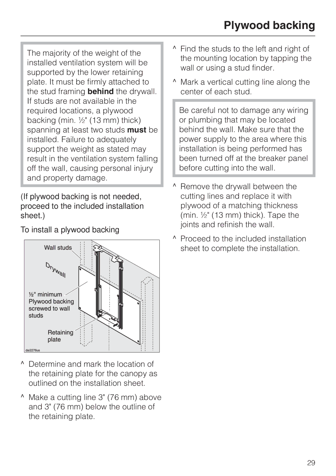 Miele DA5321W, DA5391W, DA5381W installation instructions Plywood backing, To install a plywood backing 