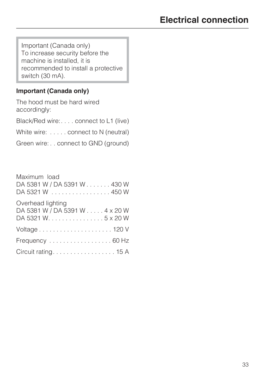 Miele DA5391W, DA5381W, DA5321W installation instructions Important Canada only 