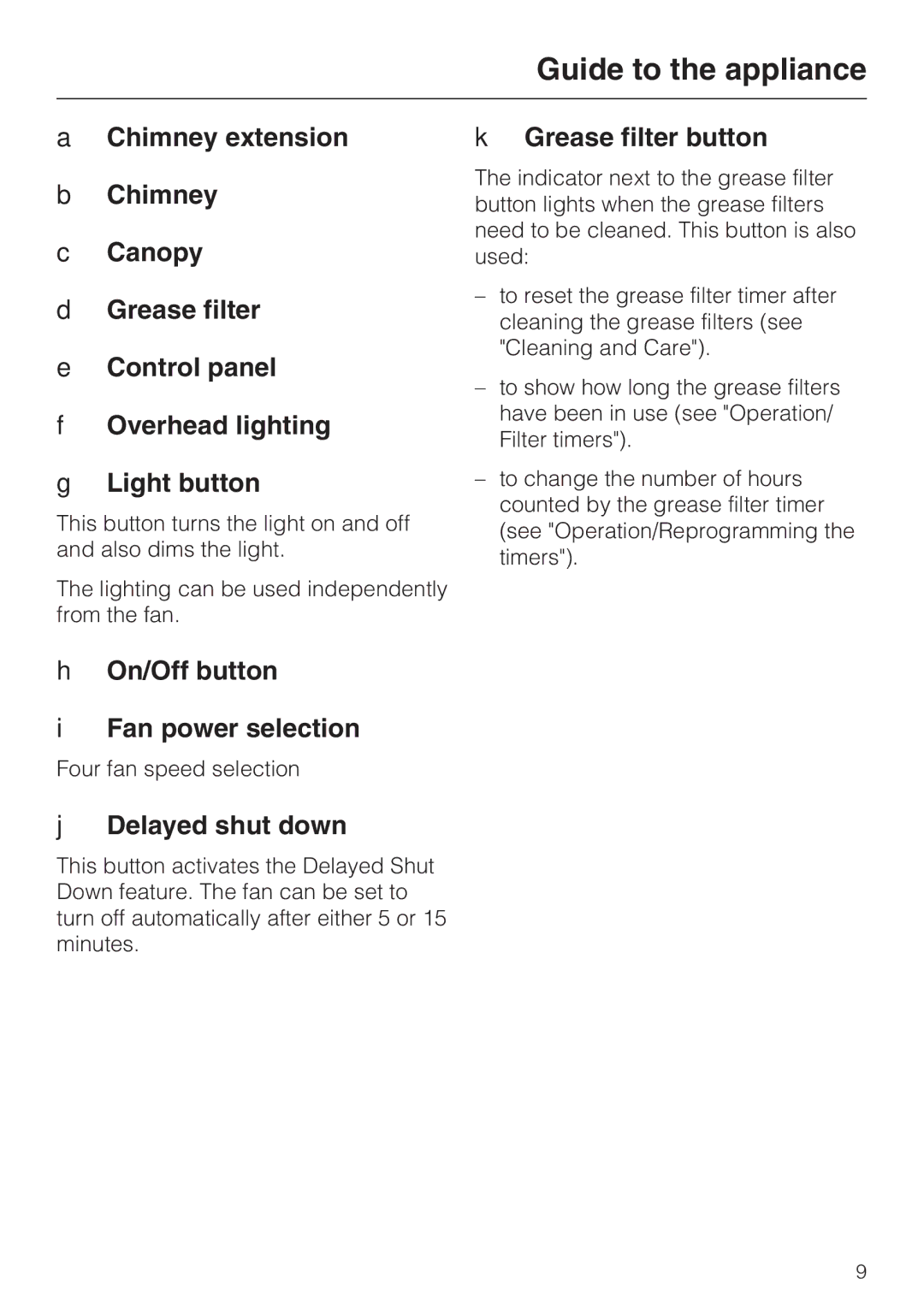 Miele DA5391W, DA5381W, DA5321W On/Off button Fan power selection, Delayed shut down, Grease filter button 