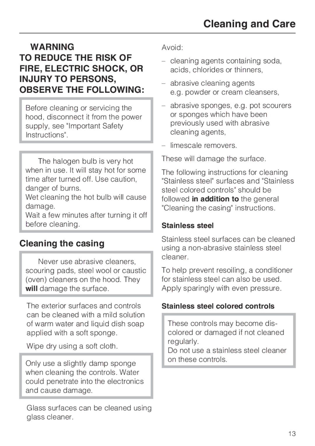 Miele DA5960W, DA5980W, DA5990W Cleaning and Care, Cleaning the casing, Stainless steel colored controls 