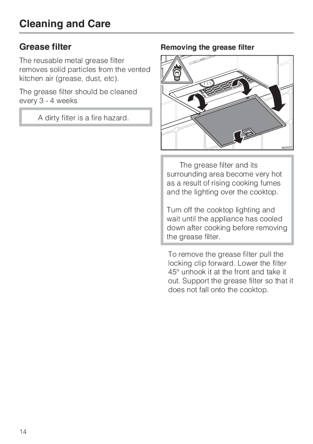 Miele DA5990W, DA5980W, DA5960W installation instructions Grease filter, Removing the grease filter 