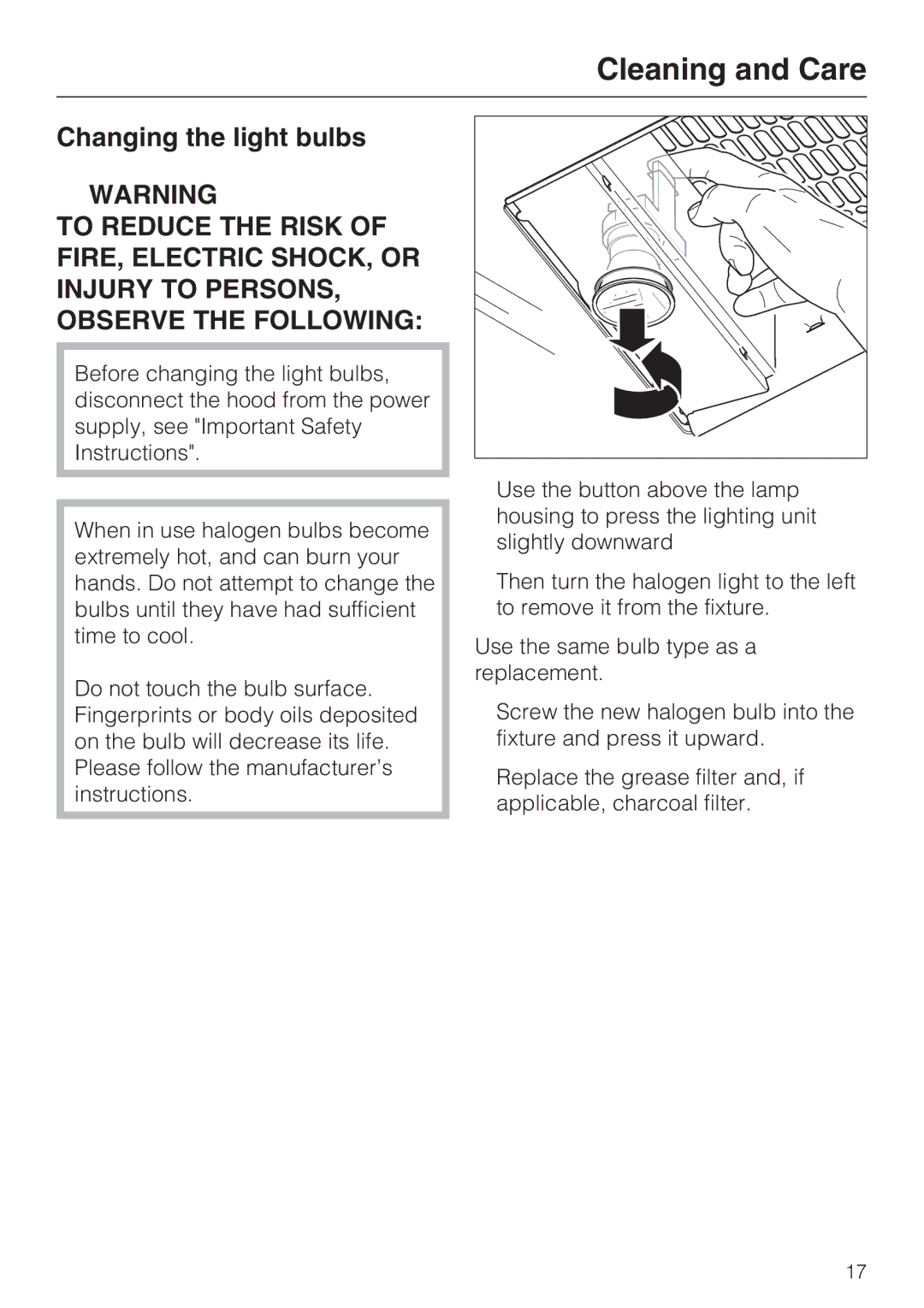 Miele DA5990W, DA5980W, DA5960W installation instructions Changing the light bulbs 