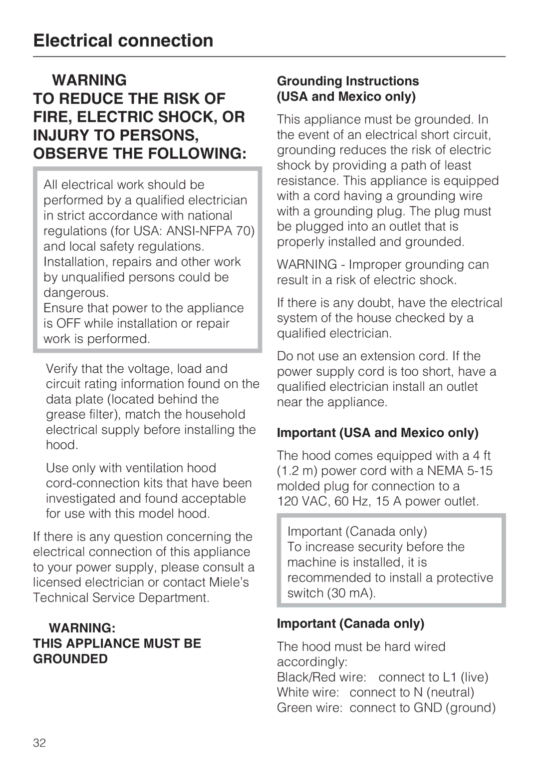 Miele DA5990W, DA5980W Electrical connection, Grounding Instructions USA and Mexico only, Important USA and Mexico only 