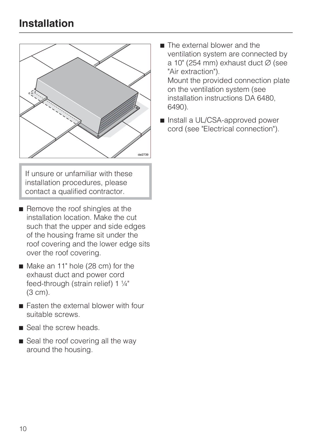 Miele DAG 1000, miele External Blower installation instructions Installation 