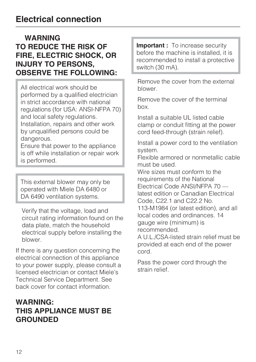 Miele DAG 1000, miele External Blower installation instructions Electrical connection, This Appliance Must be Grounded 