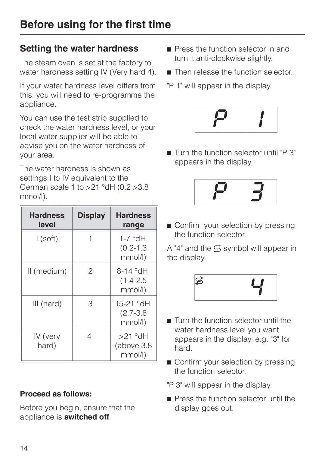 Miele DG 1050 manual Before using for the first time, Setting the water hardness, Hardness Display, Proceed as follows 