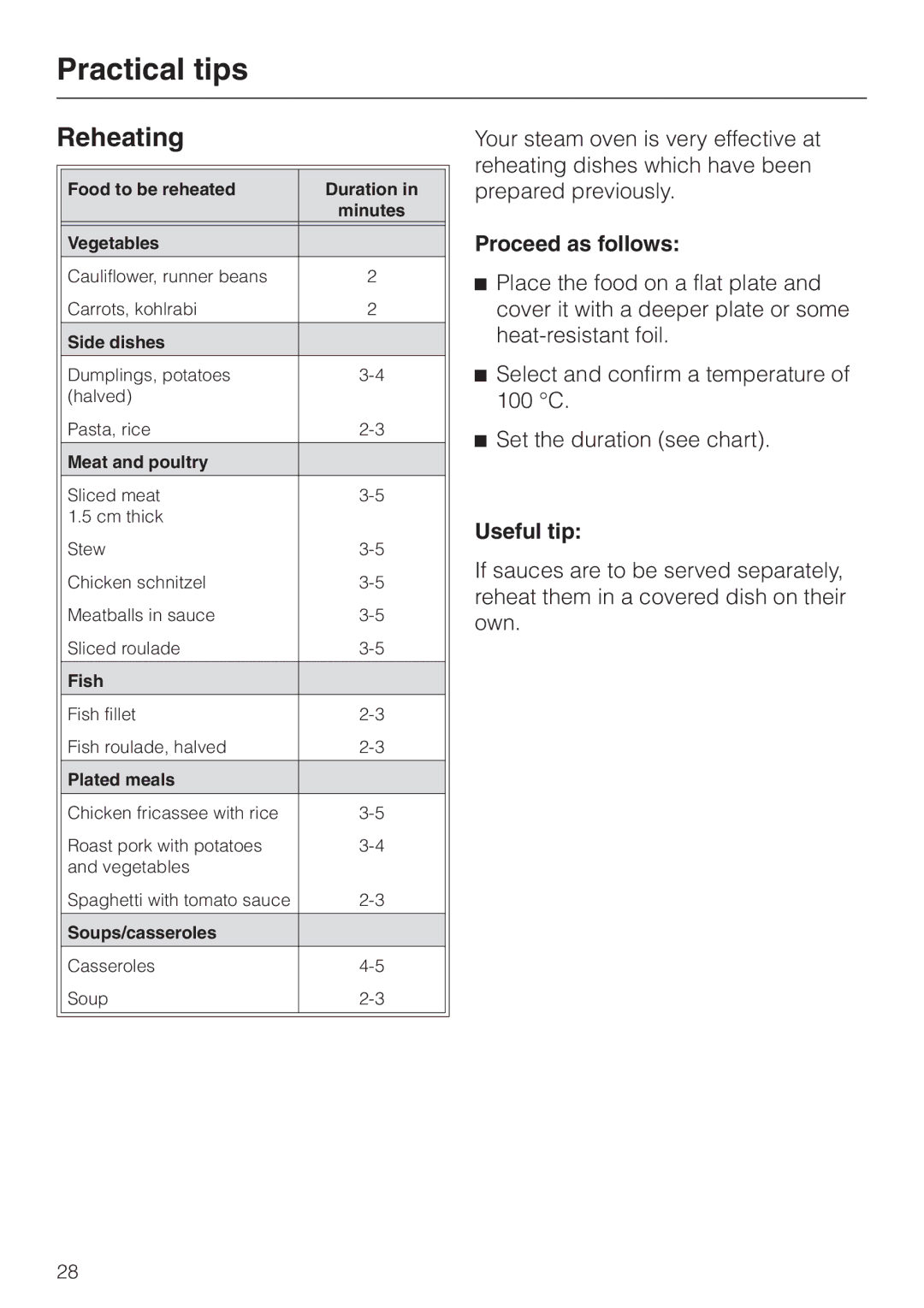 Miele DG 1050 manual Reheating, Useful tip 