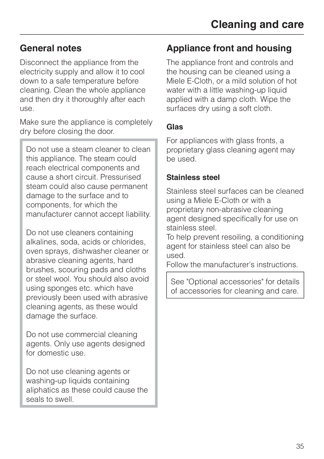 Miele DG 1050 manual Cleaning and care, General notes, Appliance front and housing, Glas, Stainless steel 