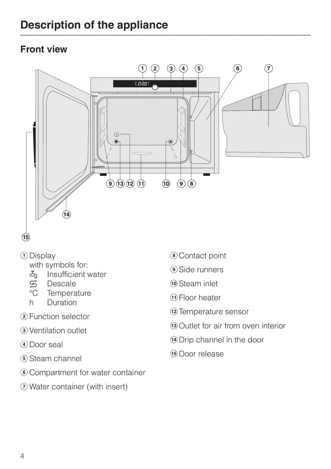 Miele DG 1050 manual Description of the appliance, Front view 