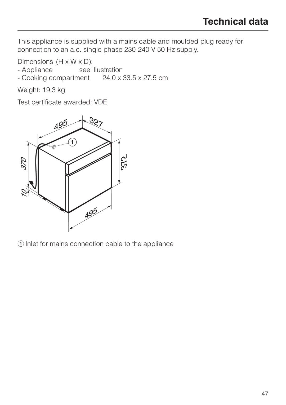 Miele DG 1050 manual Technical data 