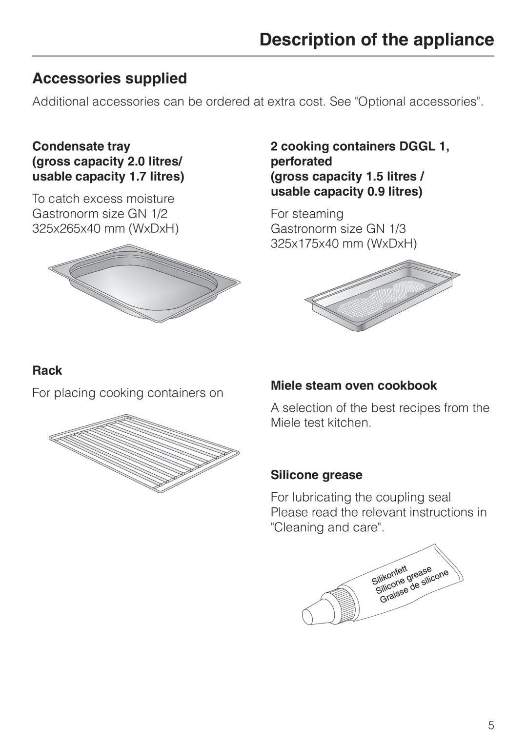 Miele DG 1050 manual Accessories supplied, Rack, Miele steam oven cookbook, Silicone grease 