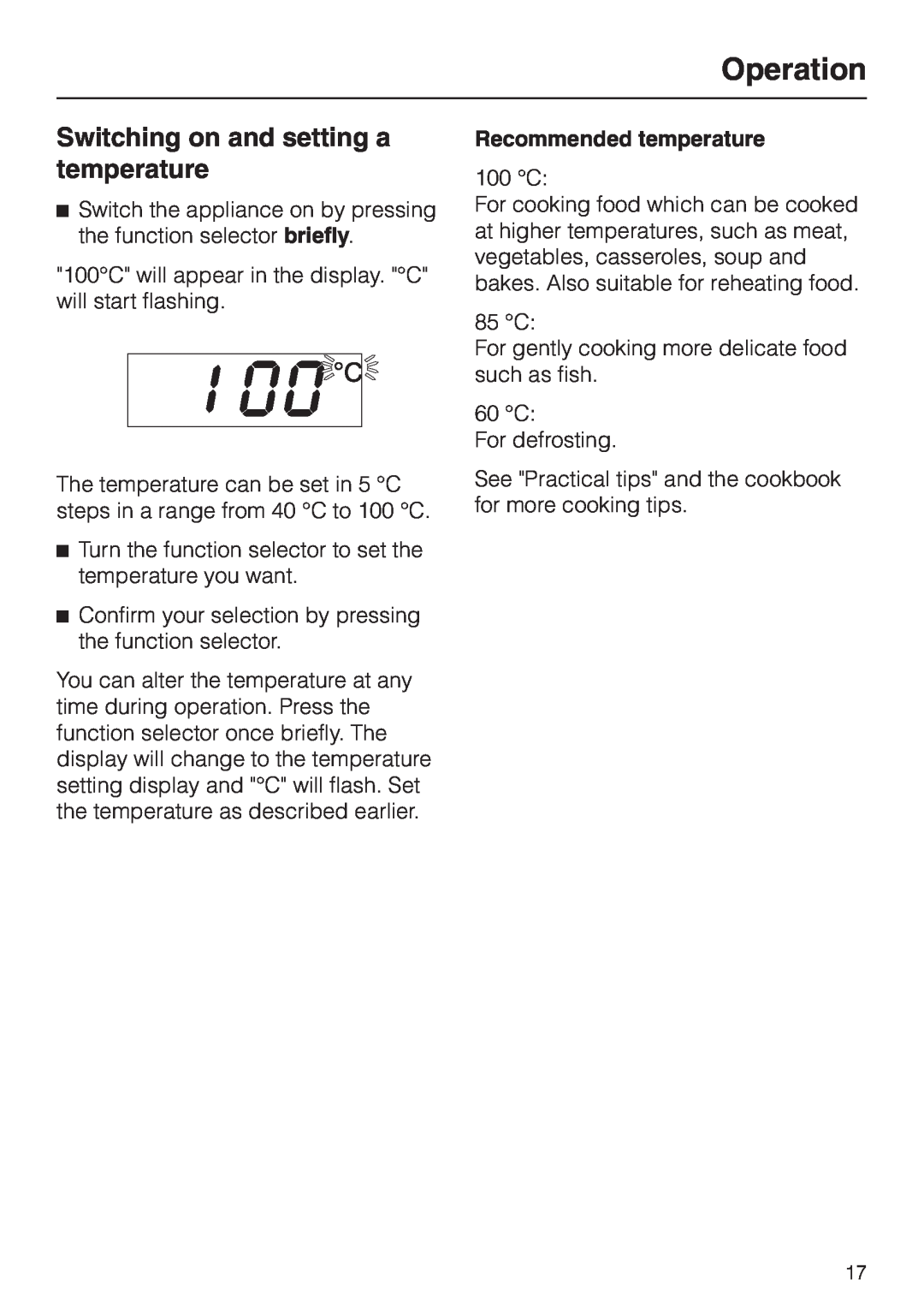Miele DG 1050 manual Switching on and setting a temperature, Operation, Recommended temperature 
