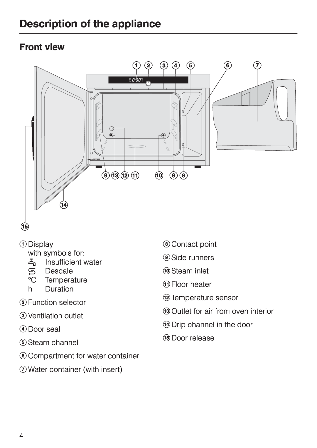 Miele DG 1050 manual Description of the appliance, Front view 