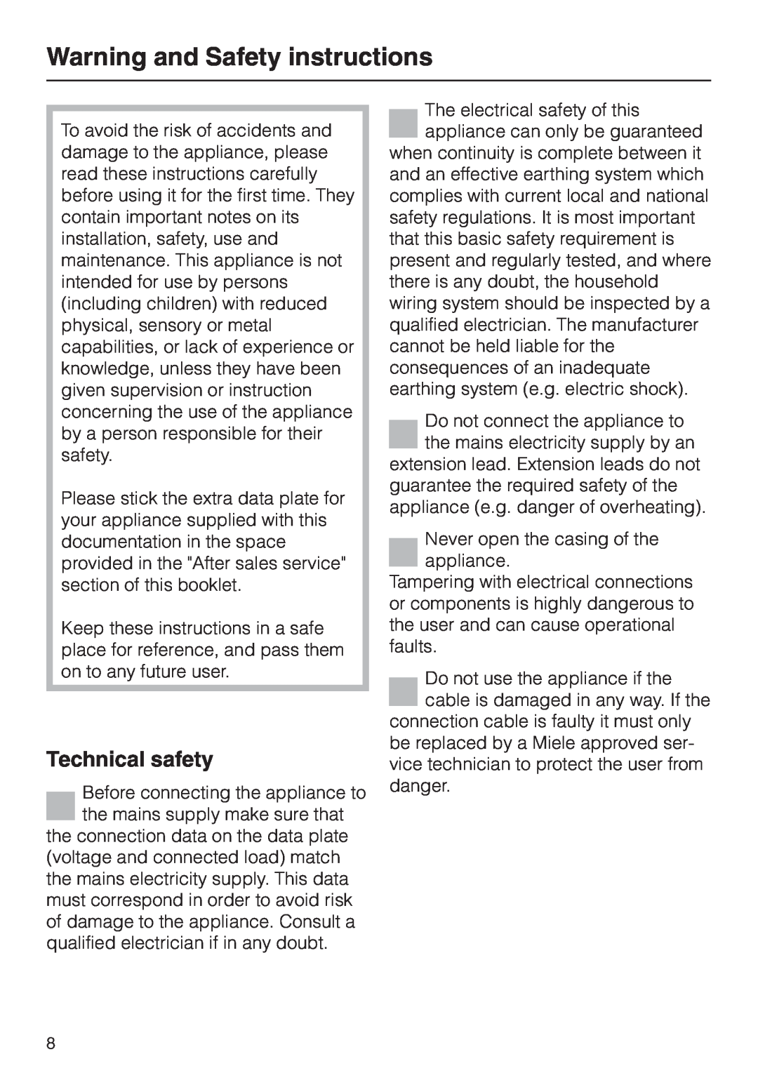 Miele DG 1050 manual Warning and Safety instructions, Technical safety 