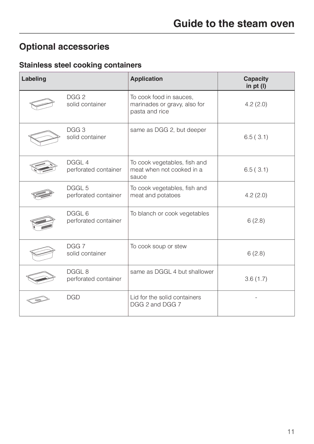 Miele DG 2661 installation instructions Optional accessories, Stainless steel cooking containers 