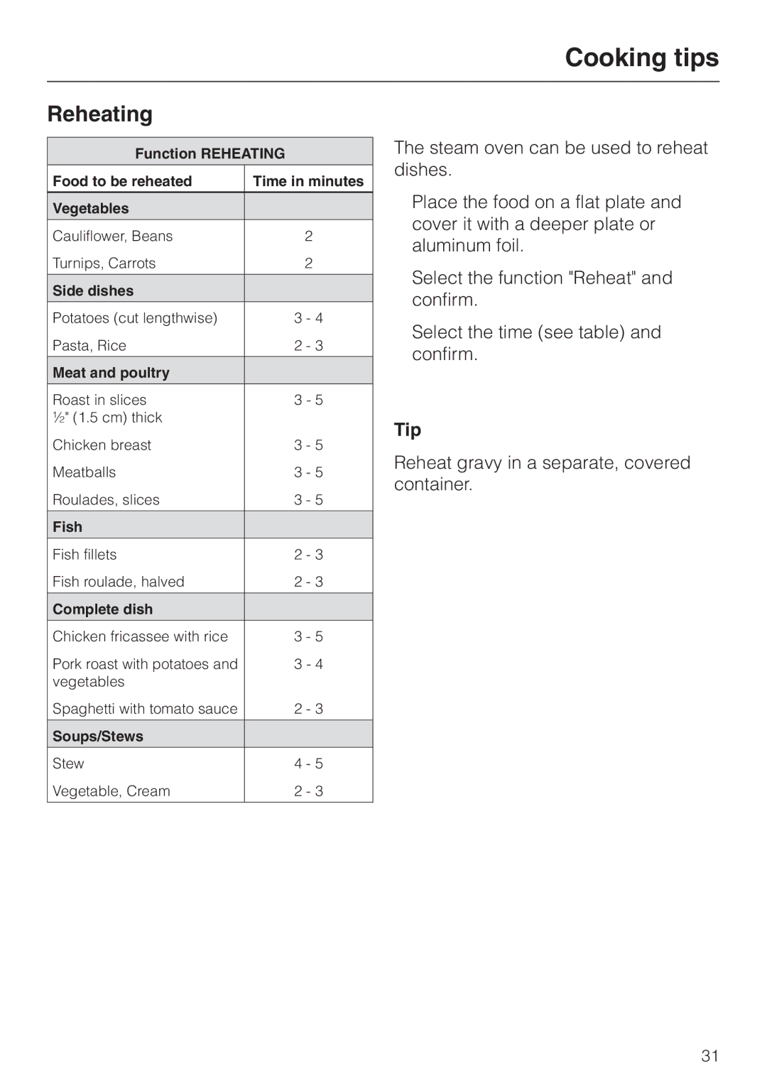 Miele DG 2661 installation instructions Reheating, Tip 