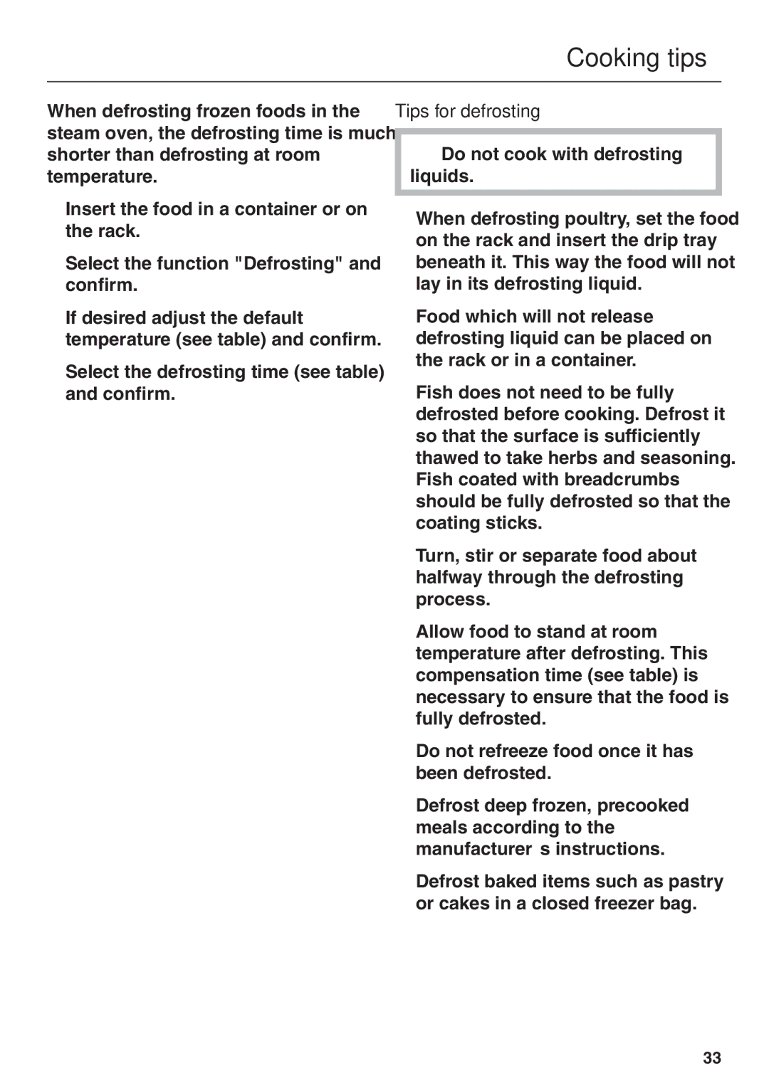 Miele DG 2661 installation instructions Tips for defrosting 