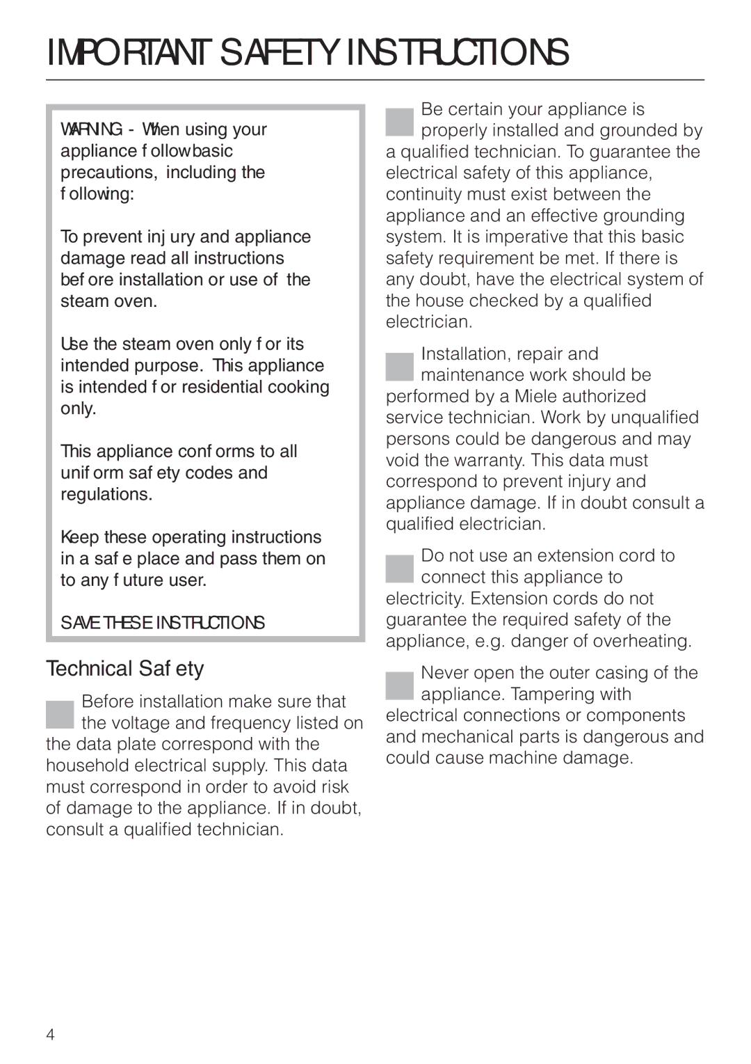 Miele DG 2661 installation instructions Important Safety Instructions, Technical Safety 