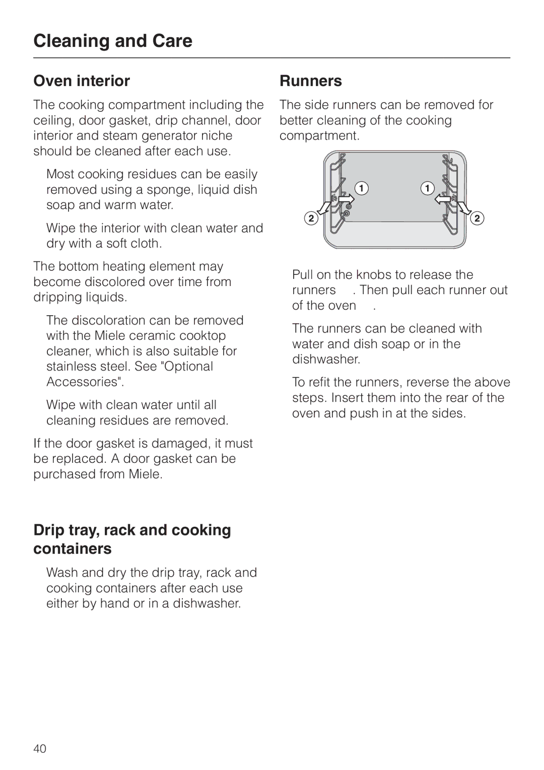 Miele DG 2661 installation instructions Oven interior, Runners, Drip tray, rack and cooking containers 