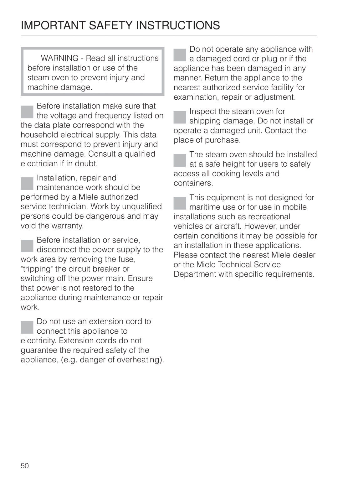 Miele DG 2661 installation instructions Important Safety Instructions 