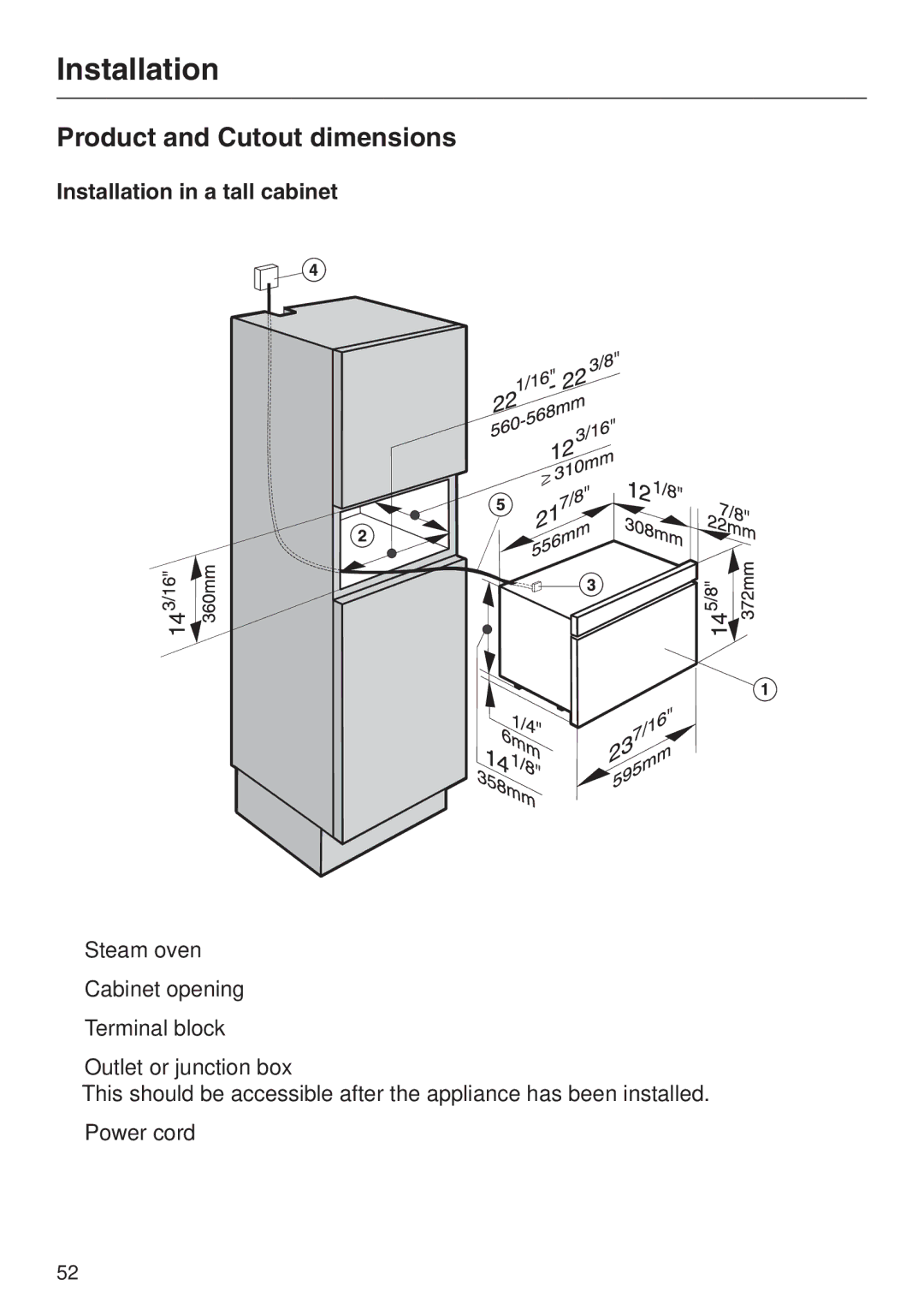 Miele DG 2661 installation instructions Product and Cutout dimensions, Installation in a tall cabinet 