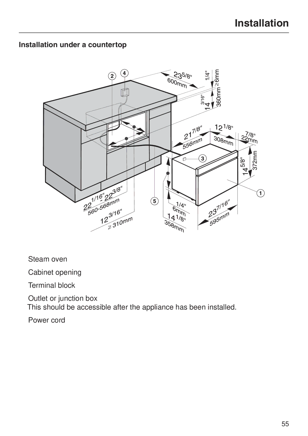 Miele DG 2661 installation instructions Installation under a countertop 