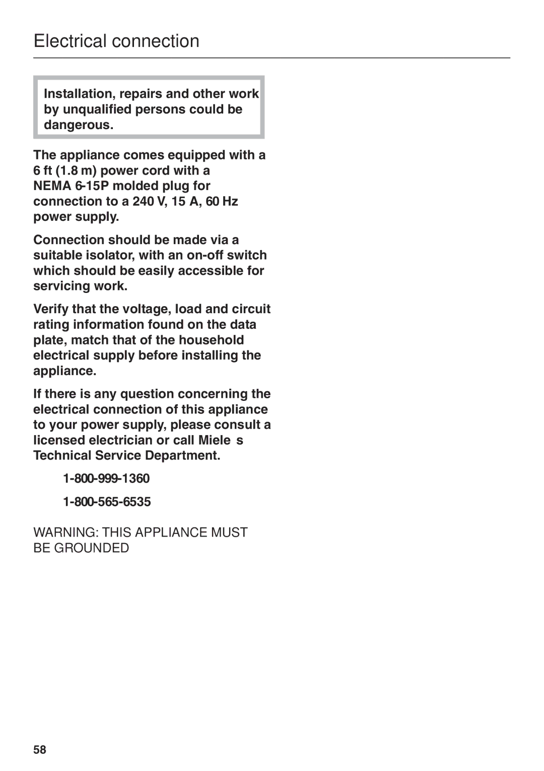 Miele DG 2661 installation instructions Electrical connection 