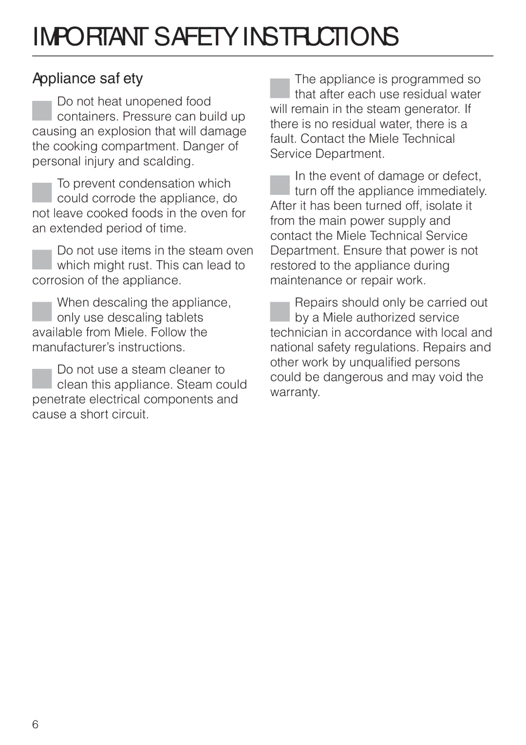 Miele DG 2661 installation instructions Appliance safety 