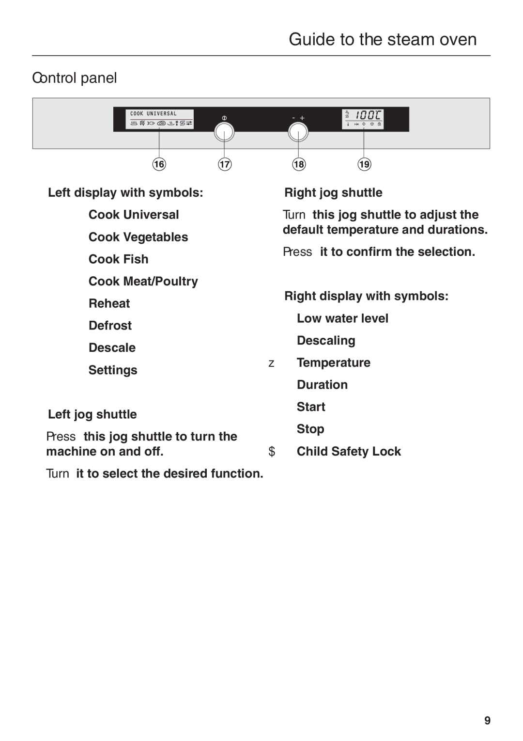 Miele DG 2661 installation instructions Control panel 