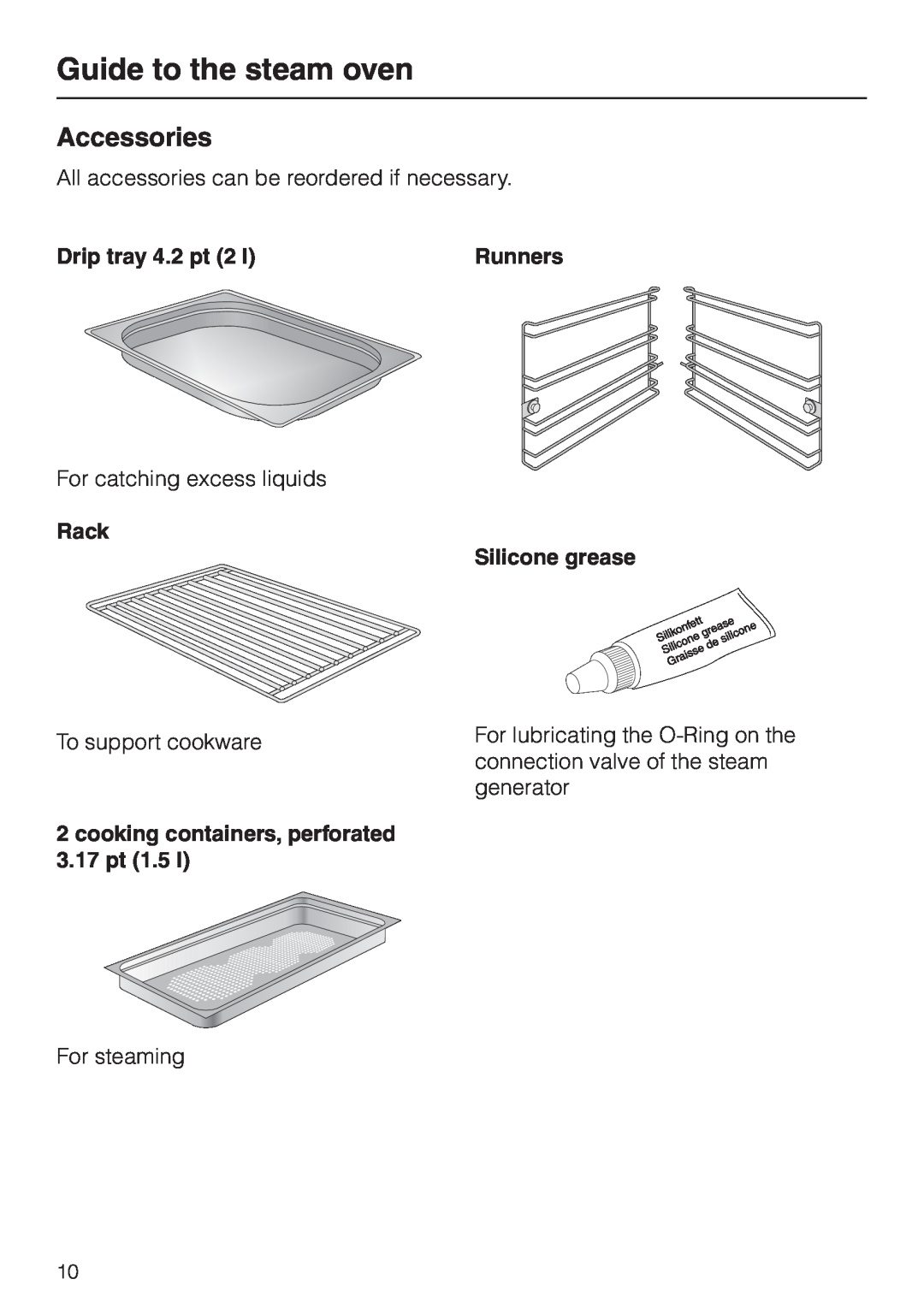 Miele DG 2661 Accessories, Guide to the steam oven, Drip tray 4.2 pt 2 l, Runners, Rack, Silicone grease 