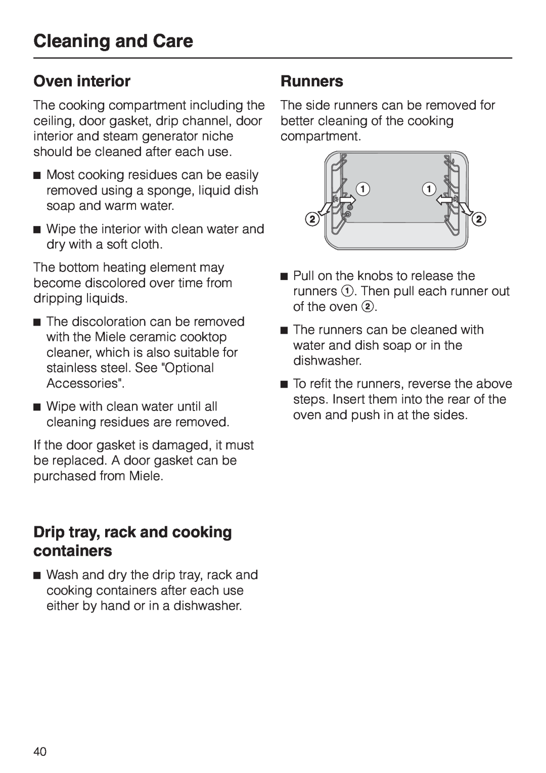 Miele DG 2661 installation instructions Oven interior, Runners, Drip tray, rack and cooking containers, Cleaning and Care 