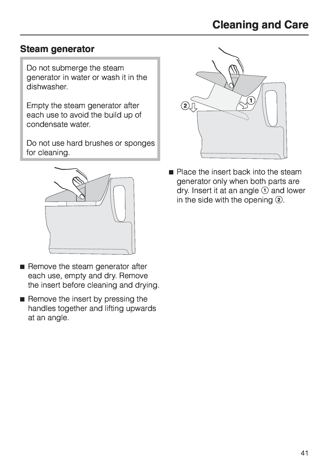 Miele DG 2661 installation instructions Steam generator, Cleaning and Care 