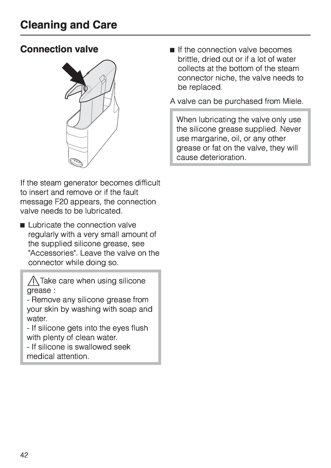 Miele DG 2661 installation instructions Connection valve, Cleaning and Care 