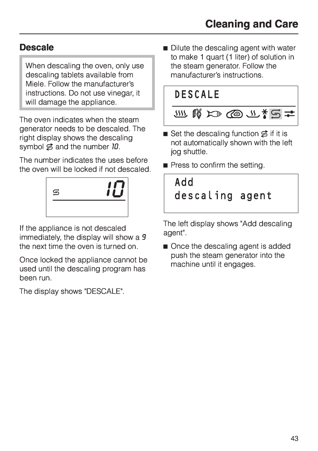 Miele DG 2661 installation instructions Descale, Cleaning and Care 