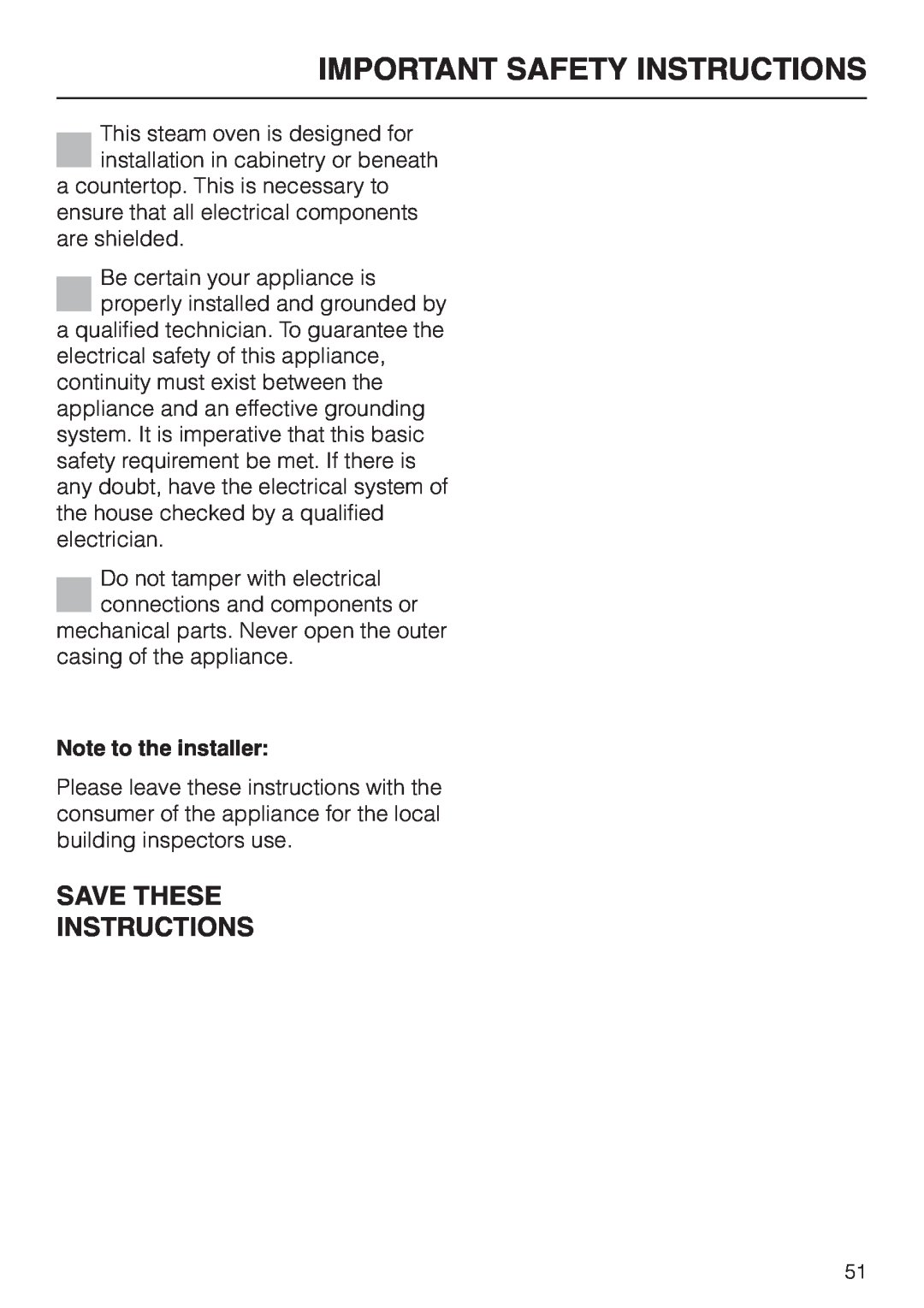 Miele DG 2661 installation instructions Save These Instructions, Important Safety Instructions, Note to the installer 