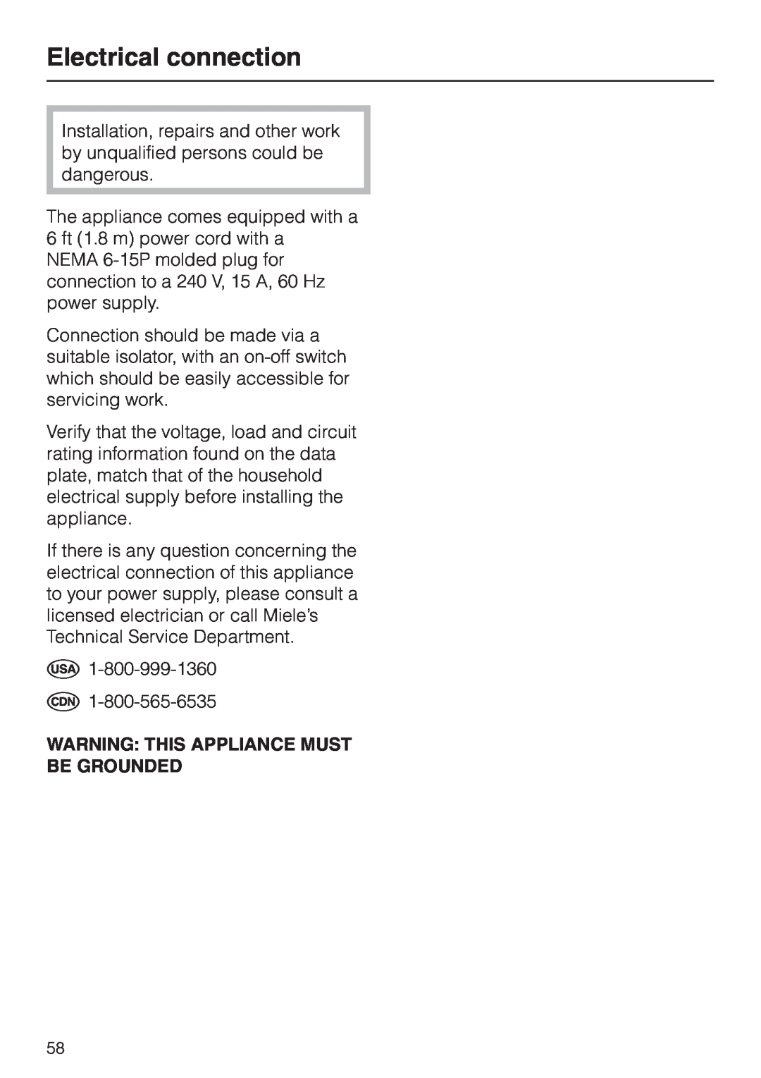 Miele DG 2661 installation instructions Electrical connection, Warning This Appliance Must Be Grounded 