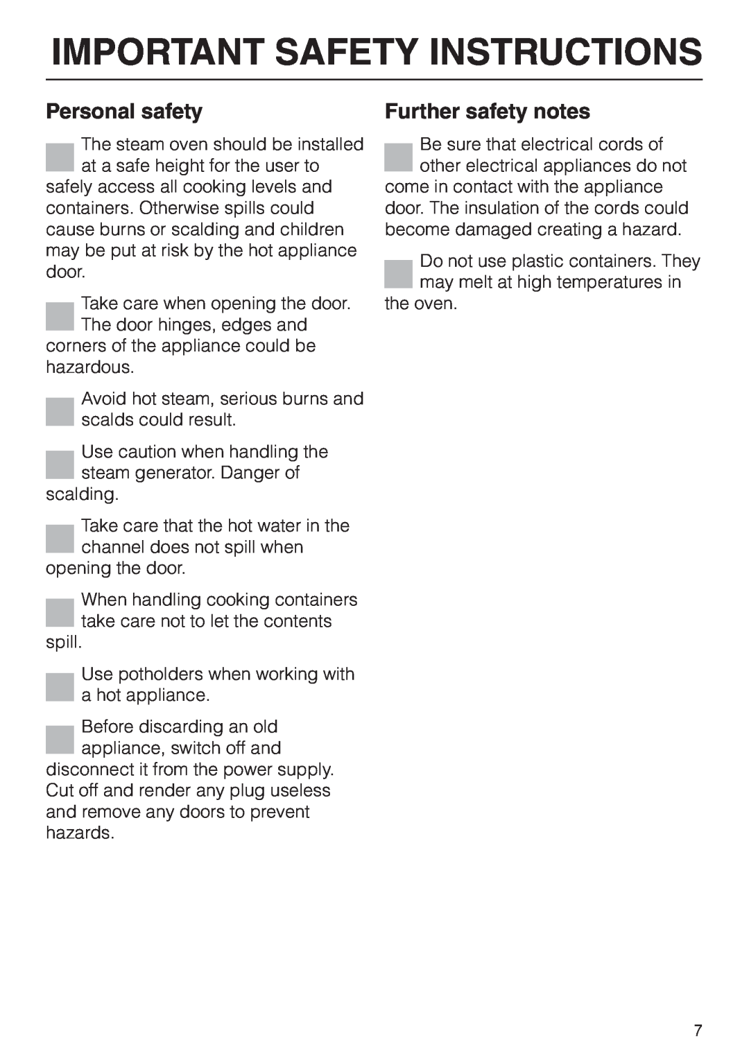 Miele DG 2661 installation instructions Personal safety, Further safety notes, Important Safety Instructions 