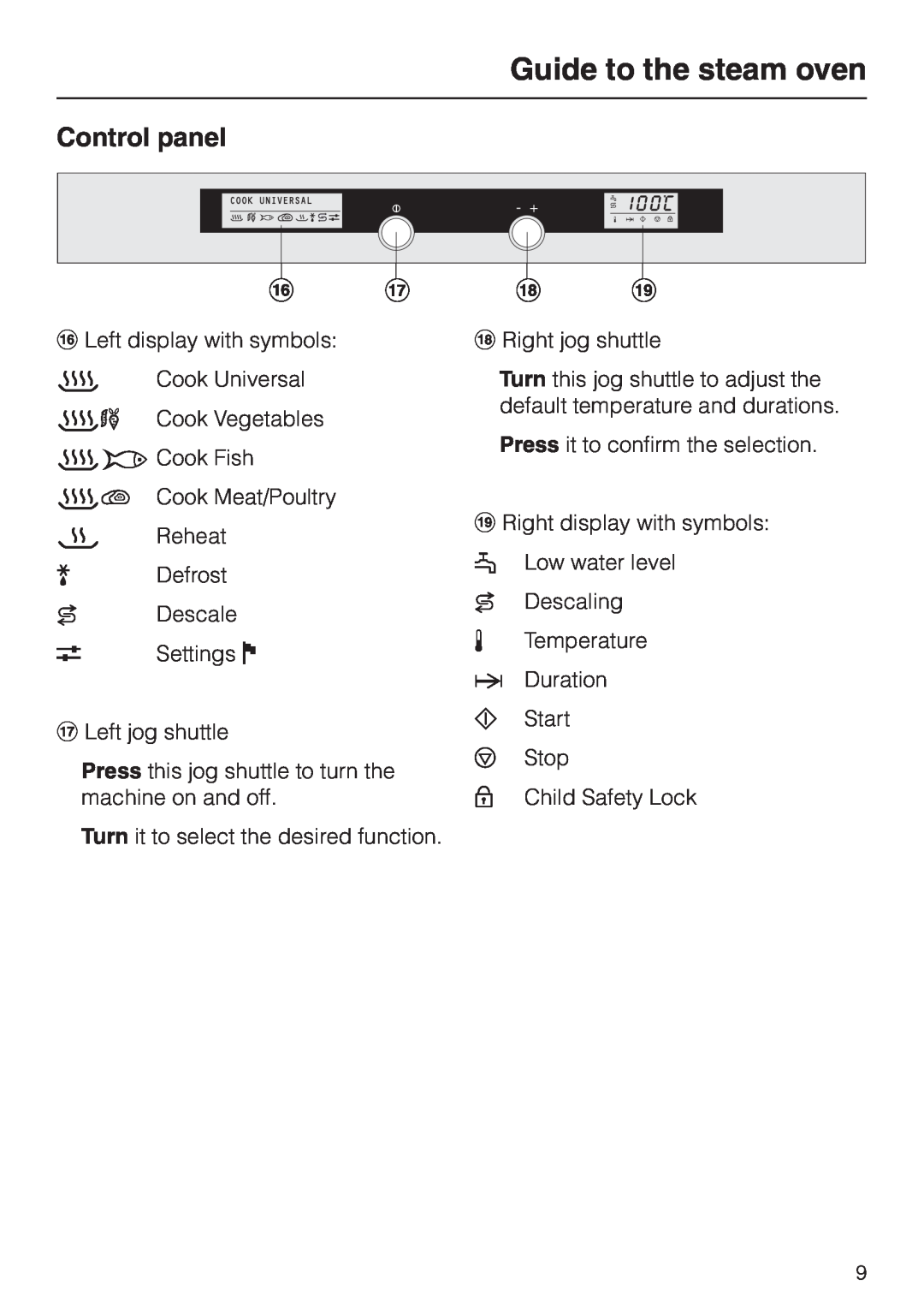 Miele DG 2661 installation instructions Control panel, Guide to the steam oven 