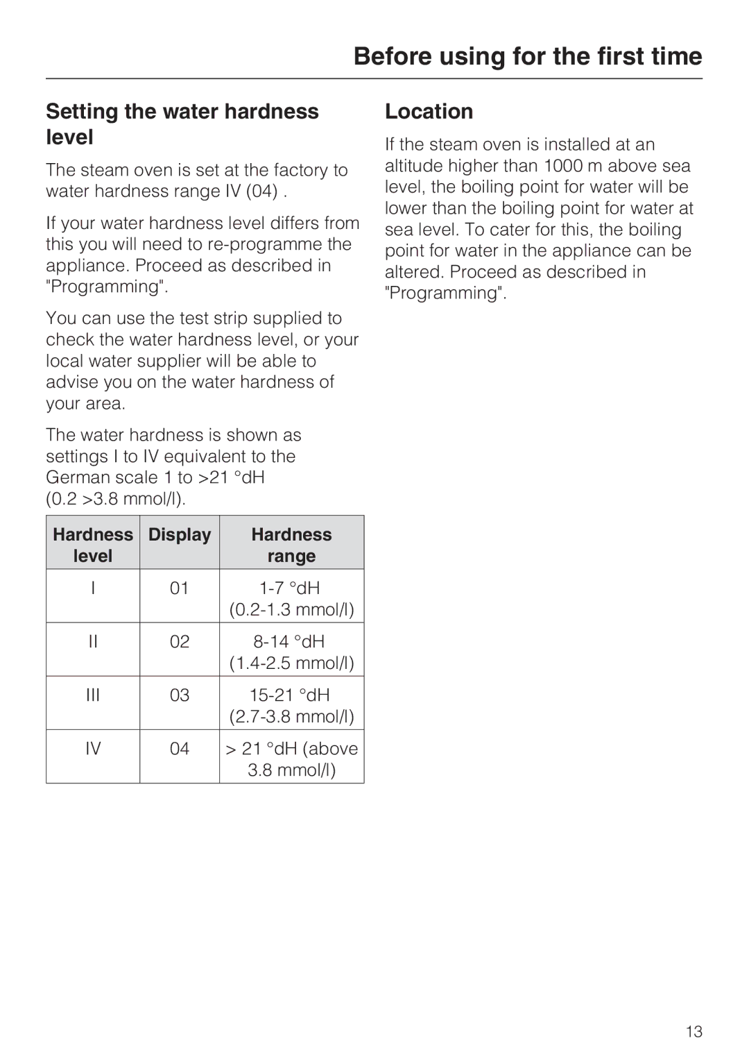 Miele DG 4064 L, DG 4164 L Before using for the first time, Setting the water hardness level, Location, Hardness Display 