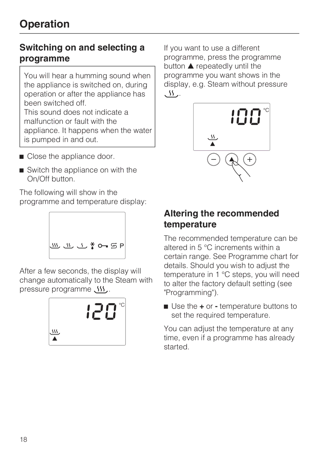 Miele DG 4164 L, DG 4064 L Switching on and selecting a programme, Altering the recommended temperature 