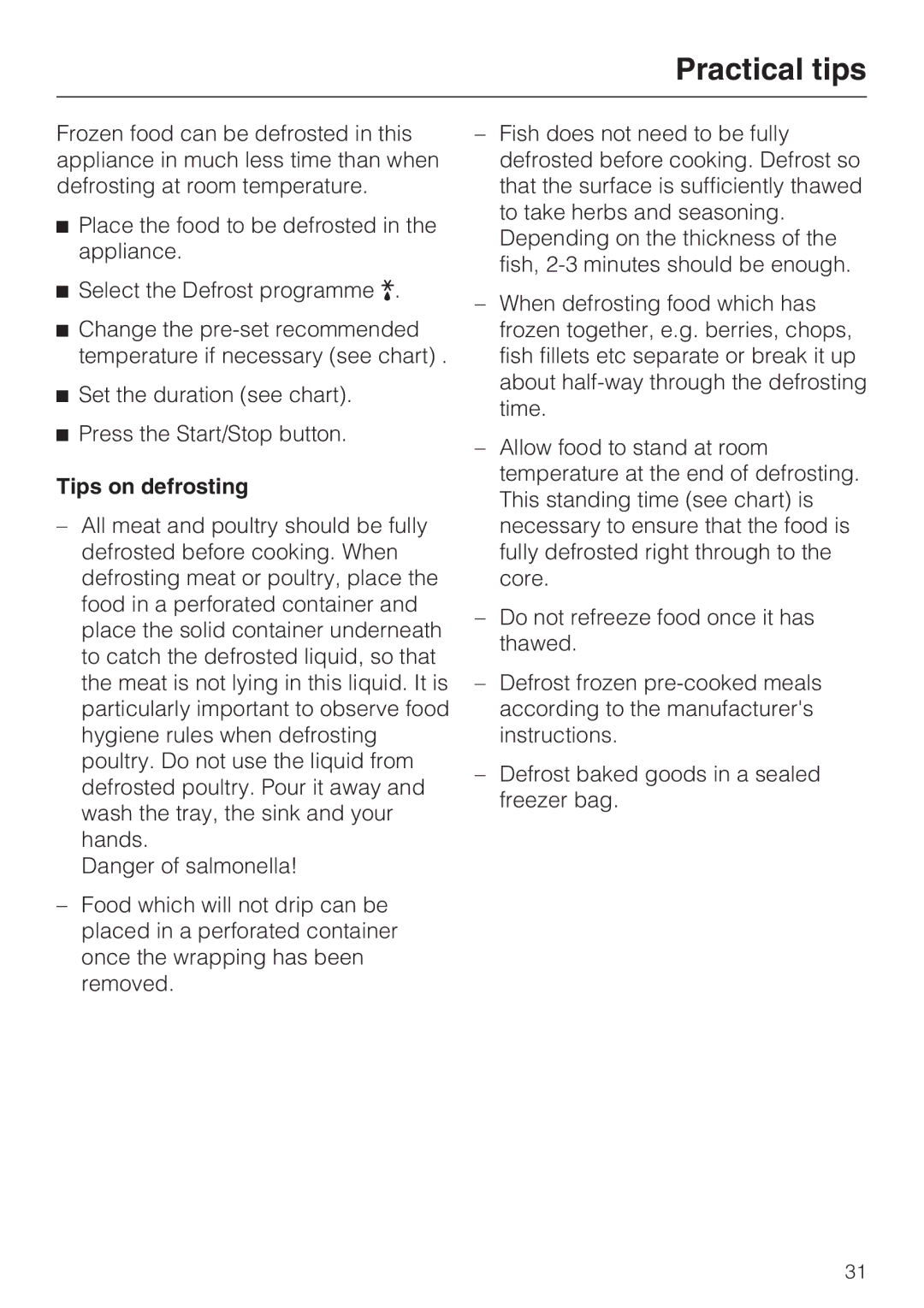 Miele DG 4064 L, DG 4164 L operating instructions Tips on defrosting 