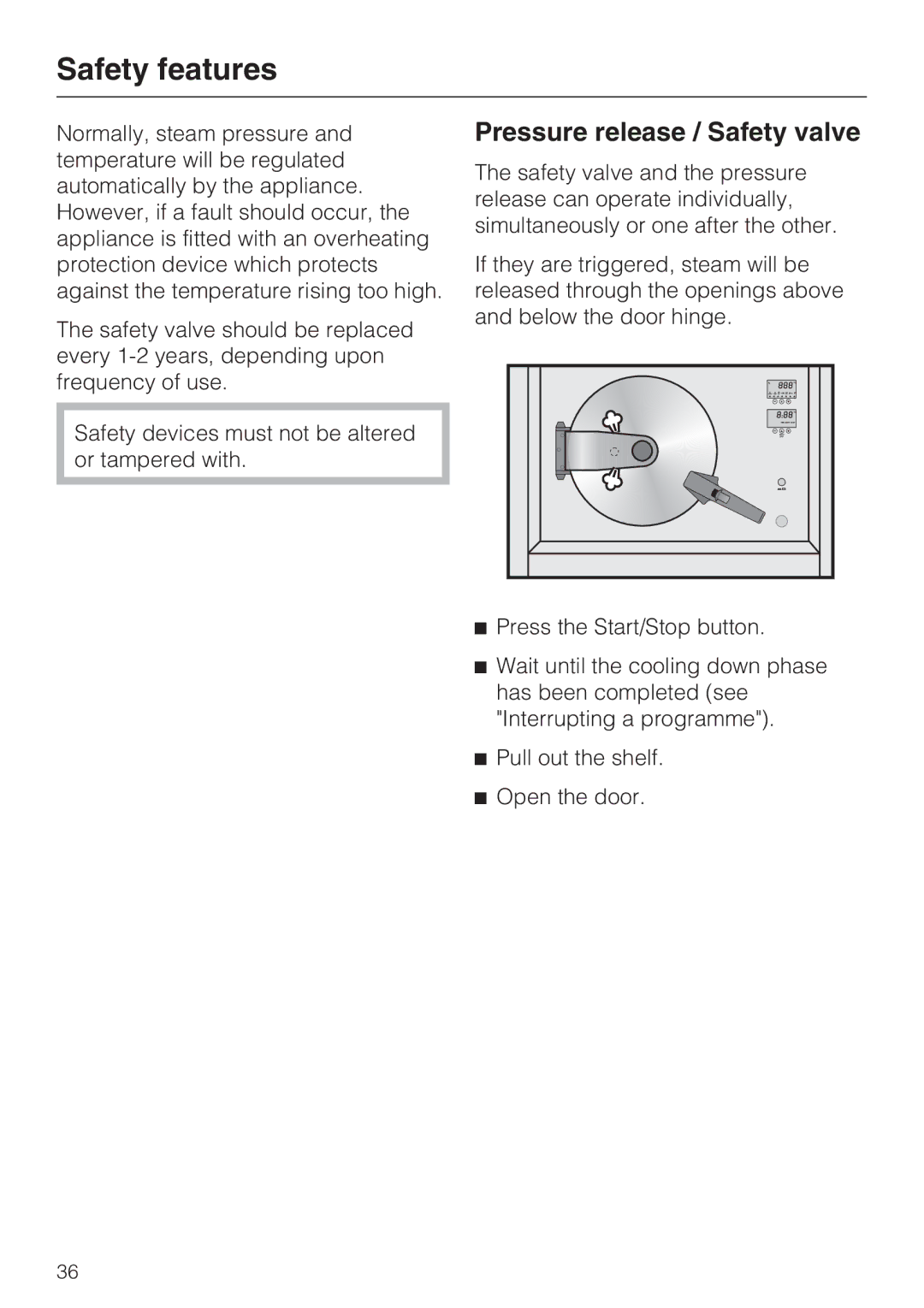 Miele DG 4064 L, DG 4164 L operating instructions Safety features, Pressure release / Safety valve 